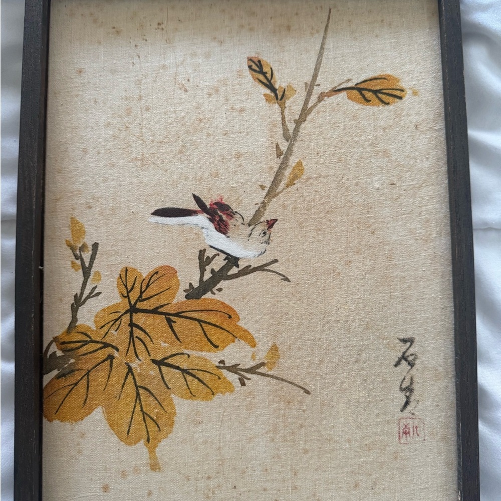 Vintage Asian Hand Painted Fabric Art Bird & Floral Wood Panels Signed Set of 2 - Picture 8 of 9
